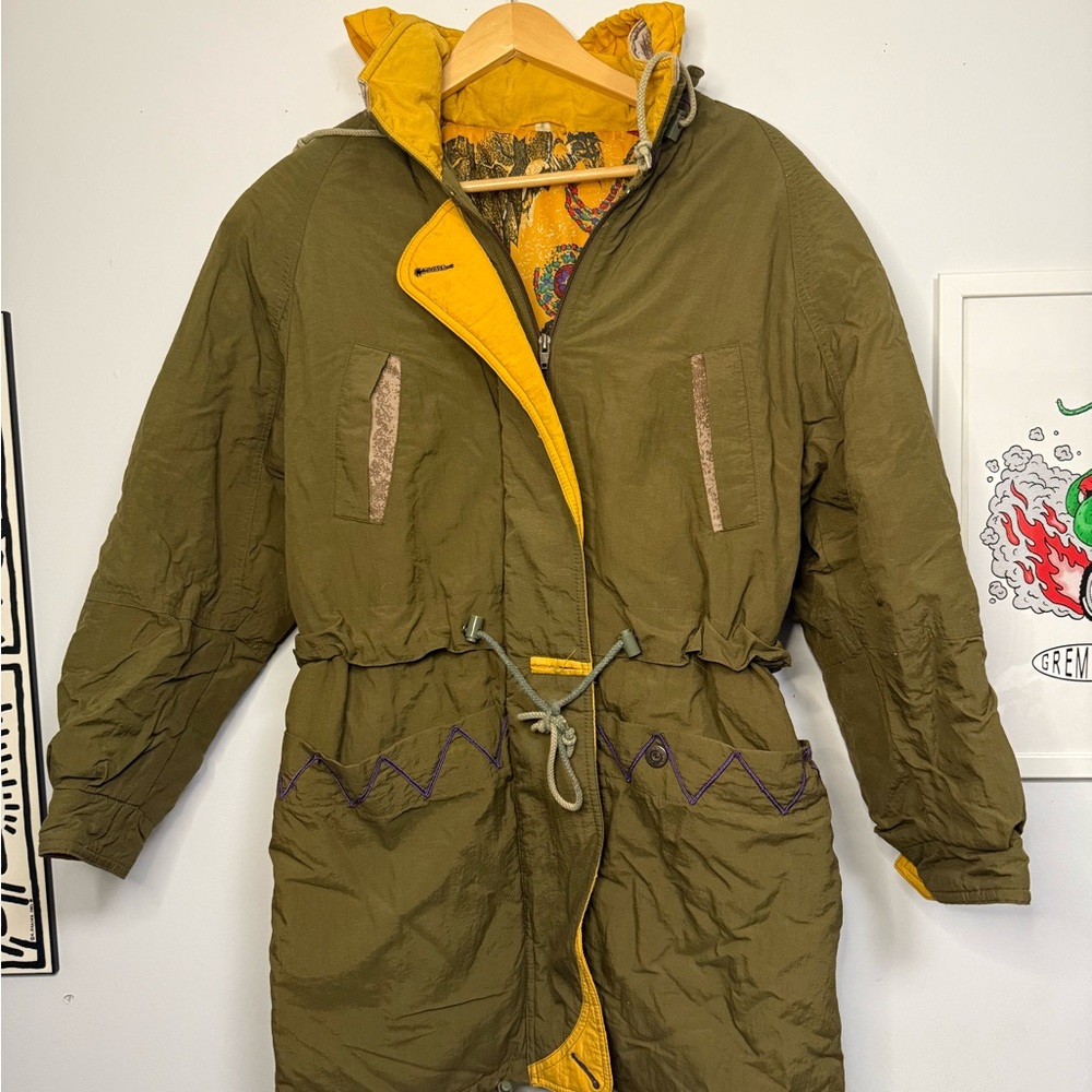 Olive Green and Yellow Vintage Ski Parka Jacket - Picture 1 of 4